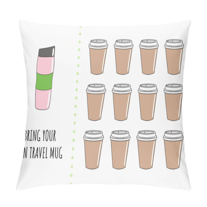 Personality  Bring Your Own Travel Mug. Change Single-use Disposable Things On Reusable. Zero Waste And Sustainable Life. Say No To Plastic, Eco Lifestyle. Hand Drawn Vector Illustration Pillow Covers