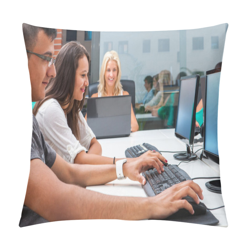 Personality  Group Of Students Training On Computers. Pillow Covers