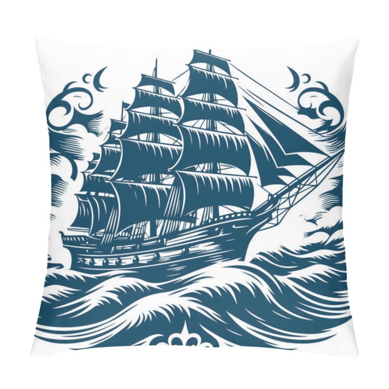 Personality  Detailed Engraved Ship Struggling Through Towering Waves Pillow Covers