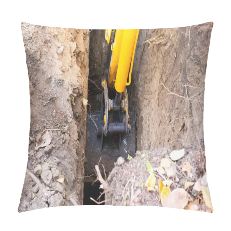 Personality  The Excavator Shovels The Earth From The Pit Under The Septic Tank With A Bucket. Working The Machine With The Ground. Pillow Covers