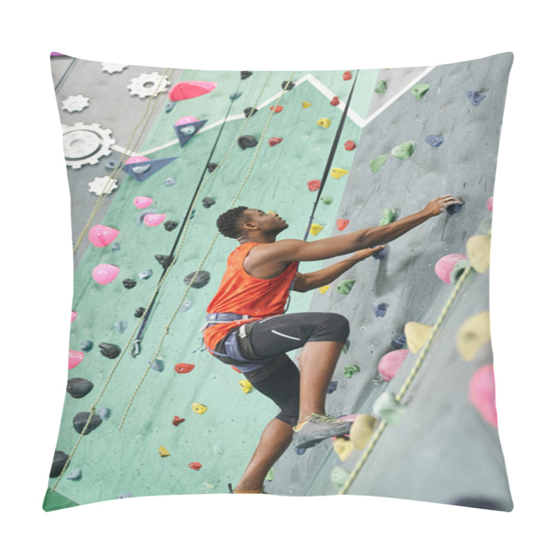 Personality  Vertical Shot Of Athletic Young African American Man Ascending Up Rock Wall With Safety Rope Pillow Covers