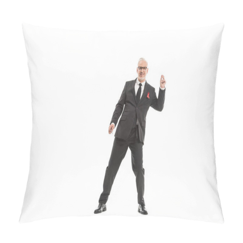 Personality  Smiling Mature Businessman In Suit With Aids Awareness Red Ribbon Dancing Isolated On White Pillow Covers