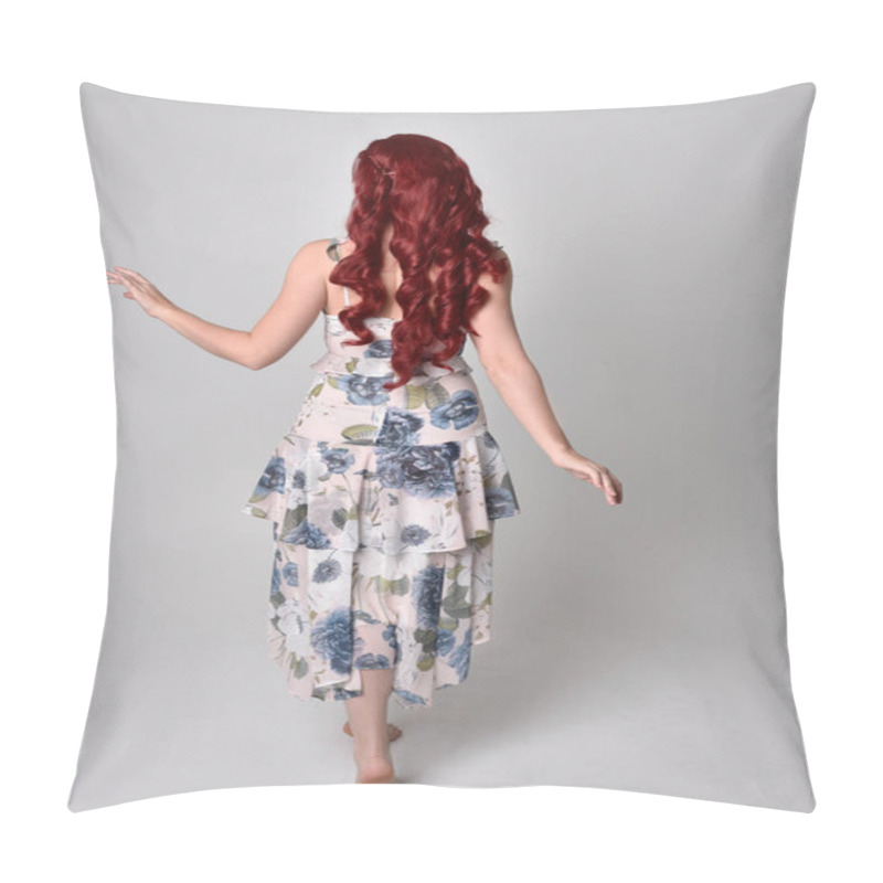 Personality  Portrait Of A Beautiful Woman With Red Hair Wearing  A  Flowing Floral Gown.  Full Length Standing Pose, Isolated Against A Studio Background Pillow Covers