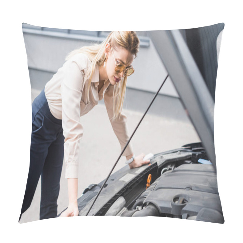 Personality  Businesswoman Standing Near Broken Auto And Looking At Open Trunk, Car Insurance Concept Pillow Covers