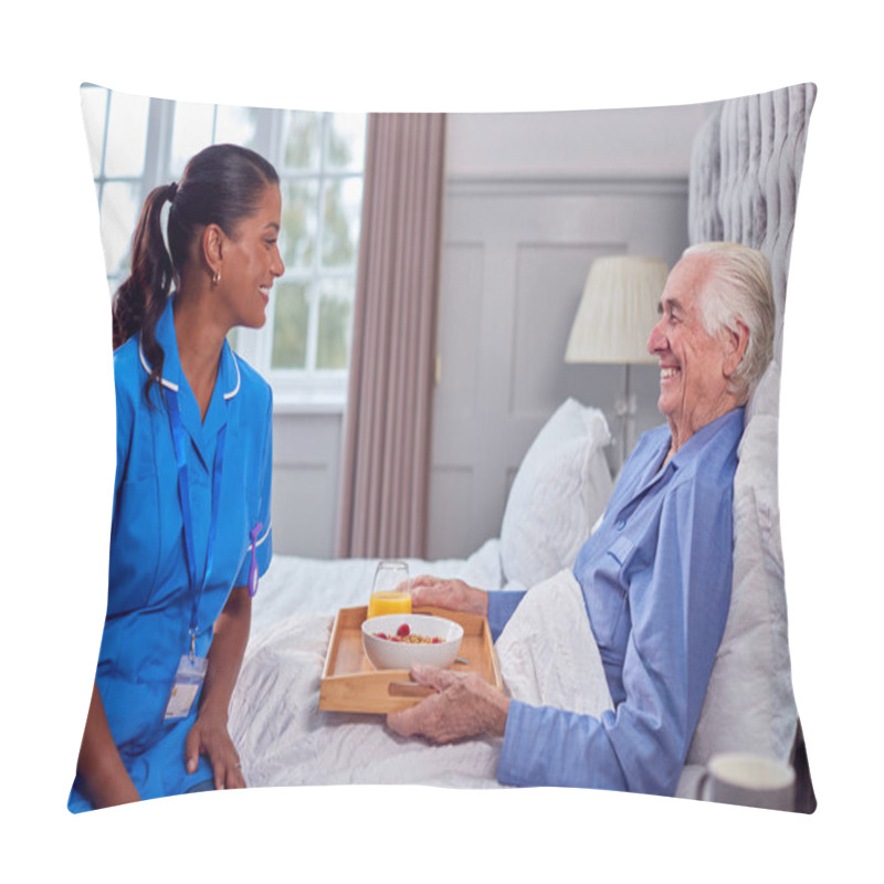 Personality  Female Care Worker In Uniform Bringing Senior Man At Home Breakfast In Bed On Tray Pillow Covers