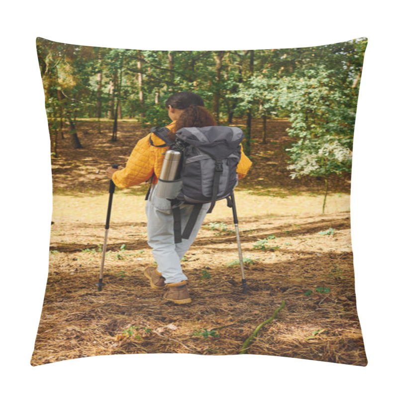 Personality  A Young Woman Hikes Along A Forest Trail, Embracing The Autumn Colors And Fresh Air Of Nature. Pillow Covers