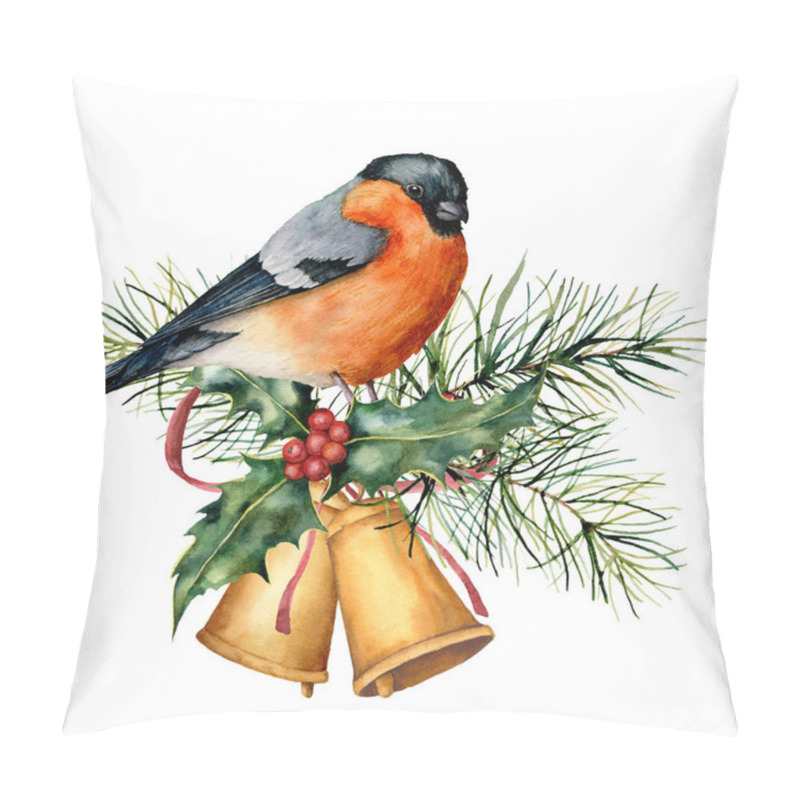 Personality  Watercolor Christmas Card With Bullfinch And Holiday Design. Hand Painted Bird With Bells, Holly, Red Bow, Berries, Fir Branch Isolated On White Background. Winter Symbol For Design, Print. Pillow Covers