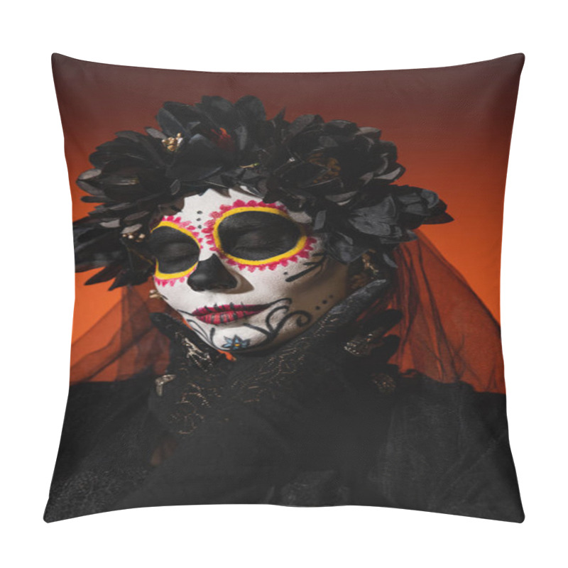 Personality  Portrait Of Woman In Halloween Costume And Sugar Skull Makeup Posing On Red Background  Pillow Covers