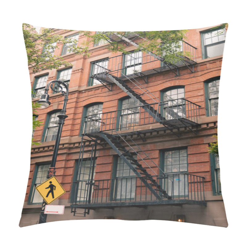 Personality  Brick Building With Metal Balconies And Fire Escape Stairs Near Lantern With Pedestrian Crossing Sign In New York City Pillow Covers