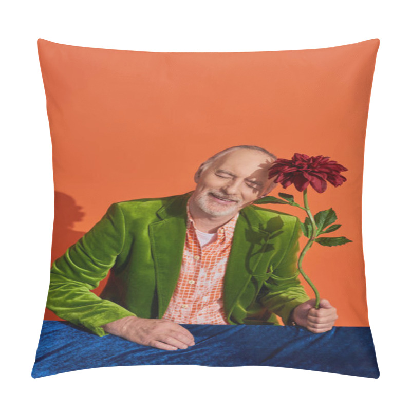 Personality  Pleased Elderly And Bearded Man Smiling With Closed Eyes While Sitting Near Red Peony And Table With Blue Velour Cloth On Vibrant Orange Background, Green Velvet Jacket, Groomed Beard, Stylish Aging Pillow Covers