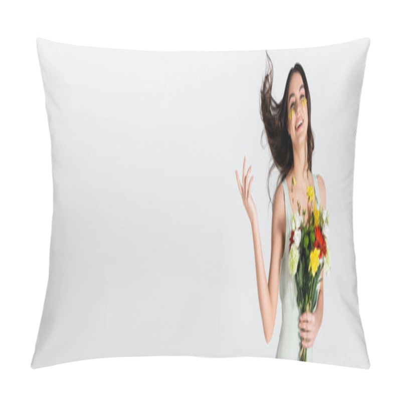 Personality  Cheerful Young Woman With Petals On Face Holding Bouquet Of Flowers Isolated On White, Banner Pillow Covers