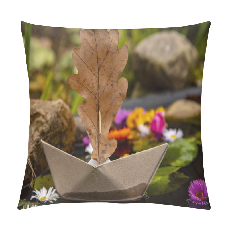 Personality  A Brown Cardboard Boat With An Oak Leaf For A Sail Pillow Covers