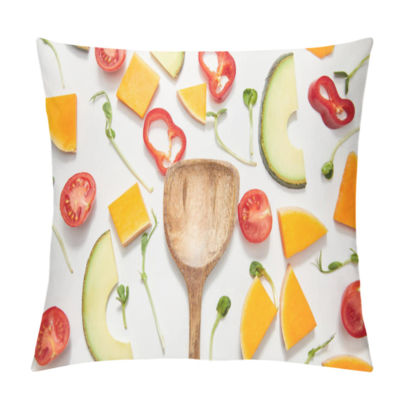 Personality  Top View Of Spatula With Microgreens, Cut Vegetables And Avocado Slices On White  Pillow Covers