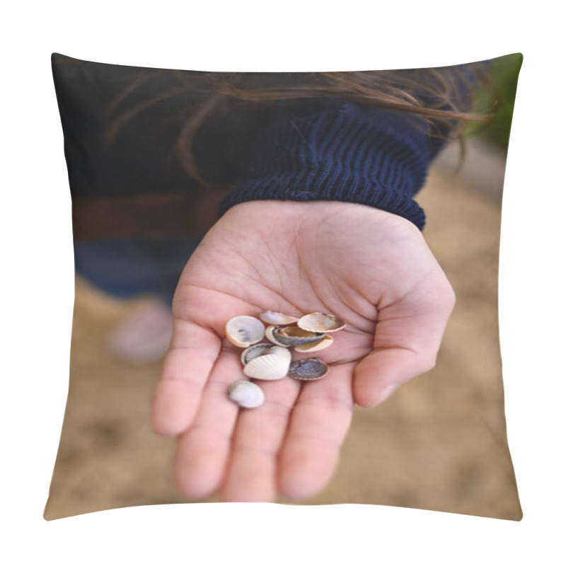 Personality  Close Up Of A Girl Holding Sea Shells In Her Hands. High Quality Photo Pillow Covers