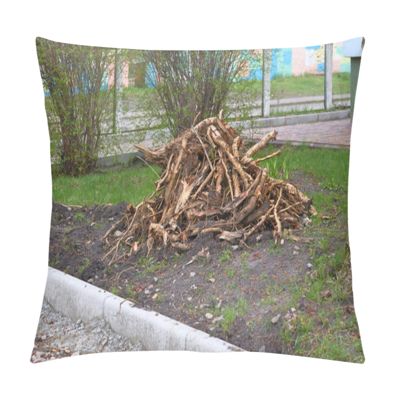 Personality  A Pile Of Garbage Roots, Remains Of Trees After Spring Cleaning On Garden Plot Pillow Covers