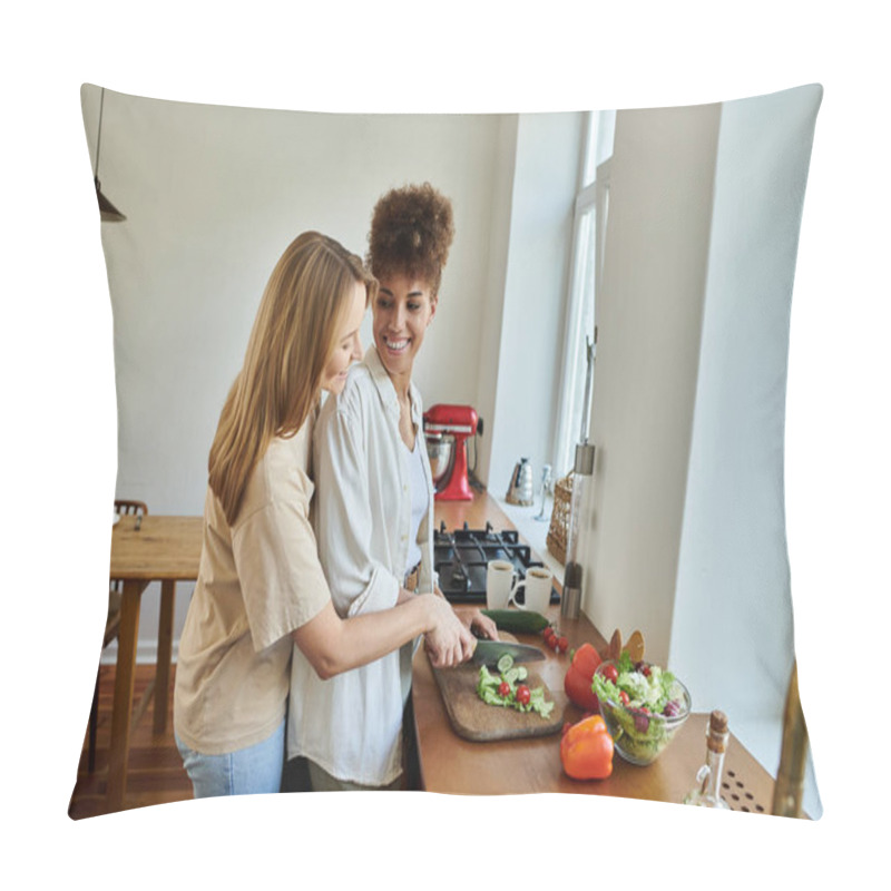 Personality  Couple Shares Laughter While Preparing A Fresh Salad In Their Stylish Kitchen. Pillow Covers