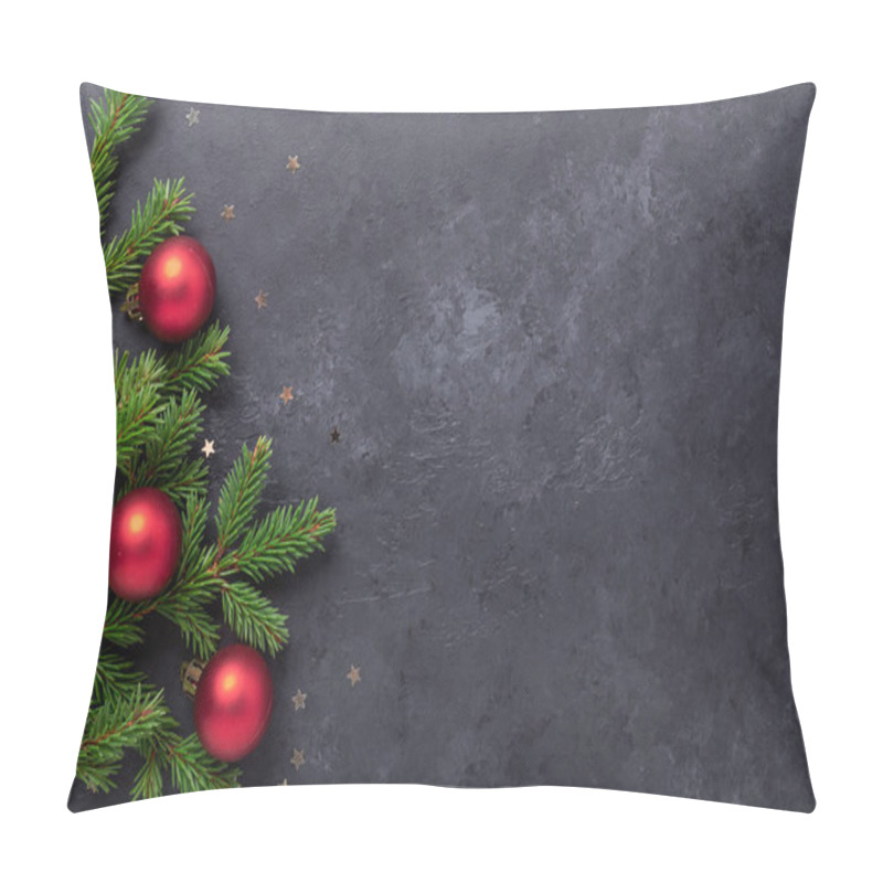 Personality  Christmas Background With Fir Tree And Red Balls On Dark Stone Background. Top View Copy Space - Image Pillow Covers