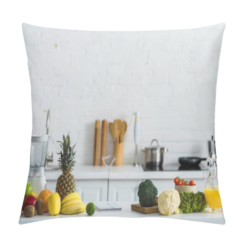 Personality  Organic Tasty Fruits And Vegetables Near Blender And Jug With Orange Juice  Pillow Covers