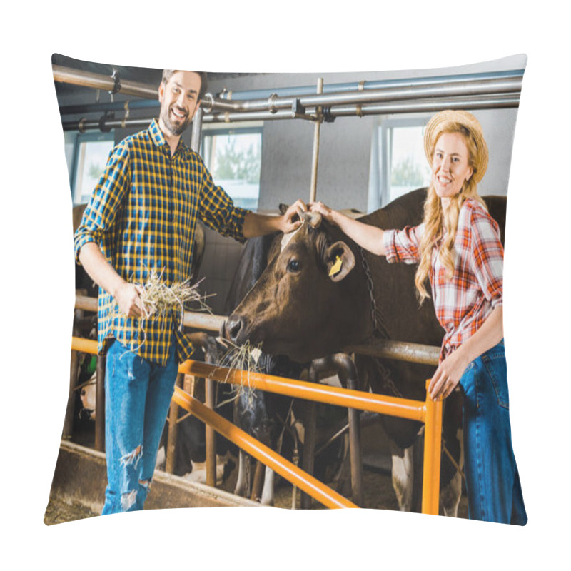 Personality  Couple Of Farmers Palming Cow In Stable And Looking At Camera Pillow Covers