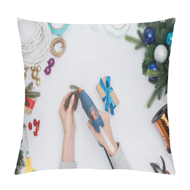 Personality  Partial View Of Woman Decorating Christmas Present With Pine Tree Branch Isolated On White Pillow Covers