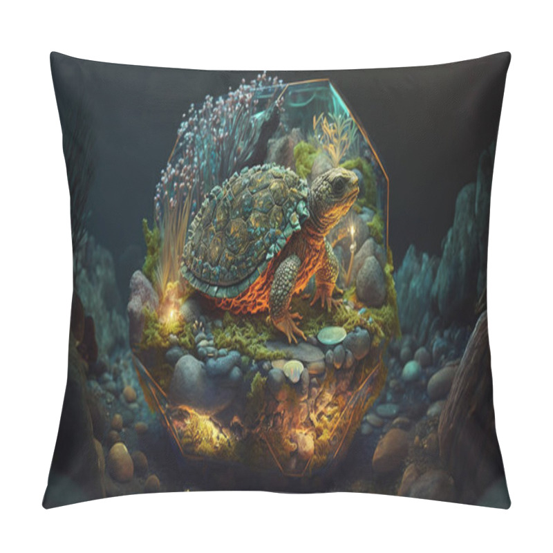 Personality  3D Illustration Of A Turtle In A Natural Environment With A Sphere And Rock Pillow Covers