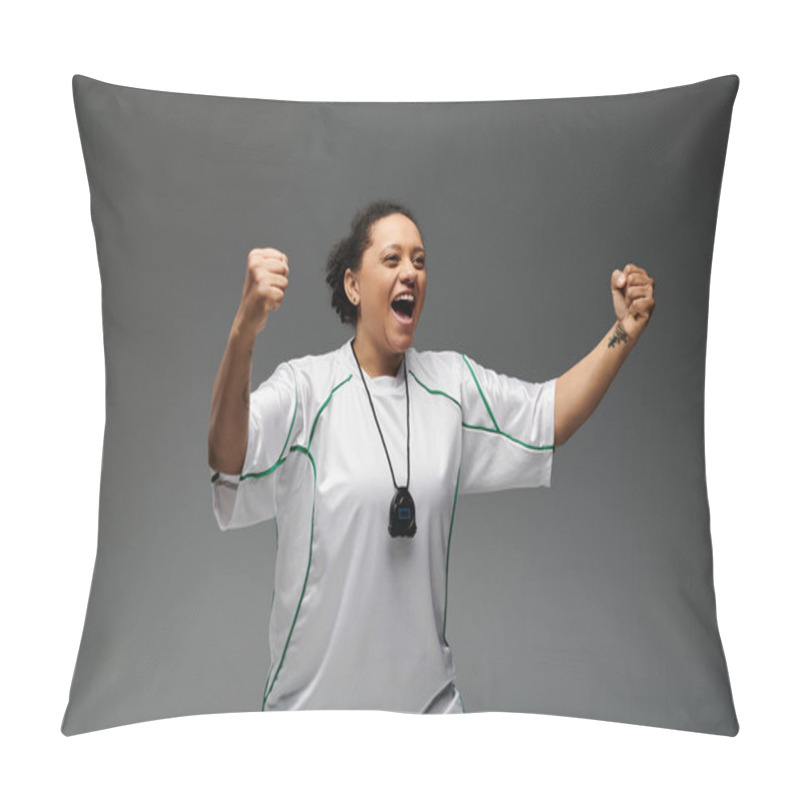 Personality  Female Athlete Rejoices On Field After Victory, Joy Evident In Raised Fists And Wide Grin. Pillow Covers