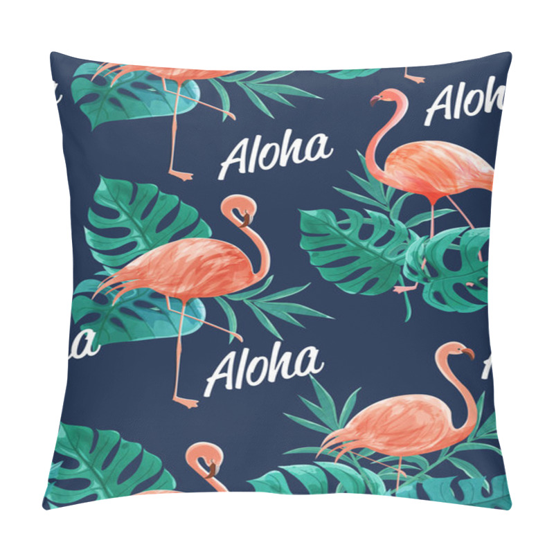 Personality  Watercolor Seamless Vector Of Flamingos Among The Leaves And Aloha Text. Design For Printing, Wallpaper And Fabric. Pillow Covers