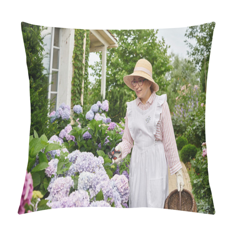 Personality  Good Looking Jolly Mature Woman With Apron And Gardening Tools Taking Care Of Beautiful Hydrangea Pillow Covers