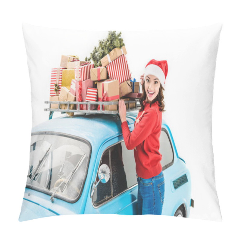 Personality  Woman With Christmas Gifts On Car Roof Pillow Covers