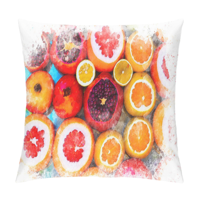 Personality  Watercolor Cut Fruits, Organic Fresh Citrus Background, Healthy Life And Vegetarian Idea, Watercolor Painting Juicy Fruits, Cut Pomegranate Orange Grapefruit Lemon In Market Stand Pillow Covers