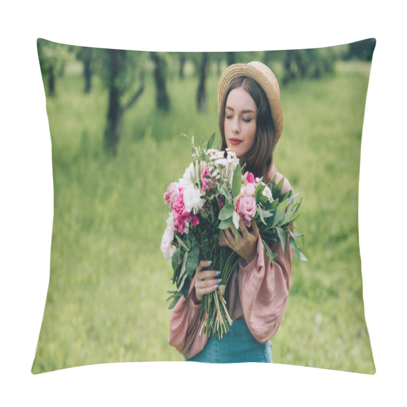 Personality  Portrait Of Beautiful Pensive Woman In Hat With Bouquet Of Flowers In Park Pillow Covers