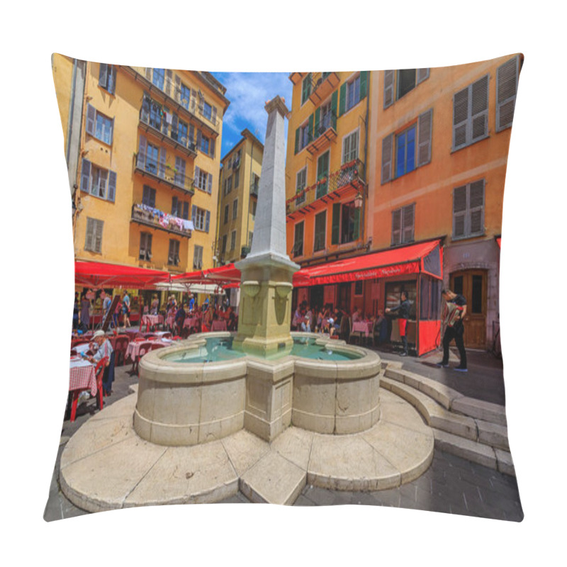 Personality  Nice, France - May 24, 2018: View Onto The Fountain On The Famous Place Rossetti In Nice With A Young Street Artist Playing A Traditional Accordeon, French Riviera Pillow Covers