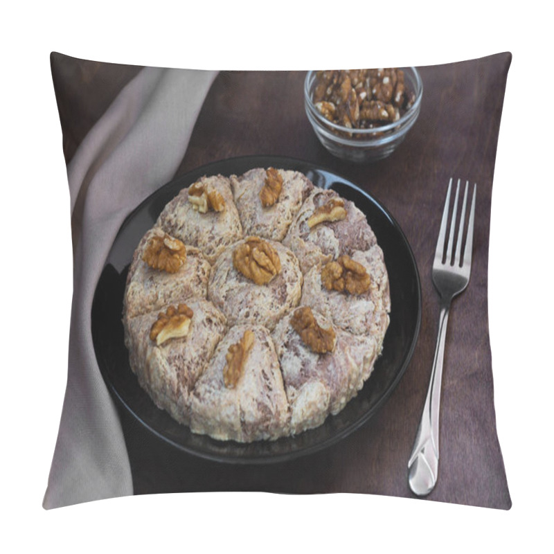 Personality  Turkish Desserts. Sunflower Halva With Fork And Turkish Tea In Traditional Glass On The Wooden Table Close-up. Glass Cup Of Black Tea With Walnuts On The Dark Brown Background With Copy Space. Pillow Covers