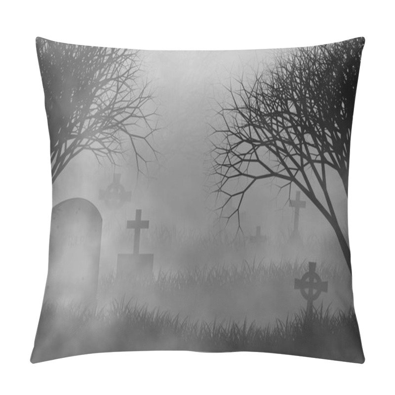 Personality  Scary Cemetery In Creepy Forest Illustration Halloween Concept Design Background With Grass Field, Crosses, Tombs, Graveyard, Fog, And Creepy Trees. Pillow Covers