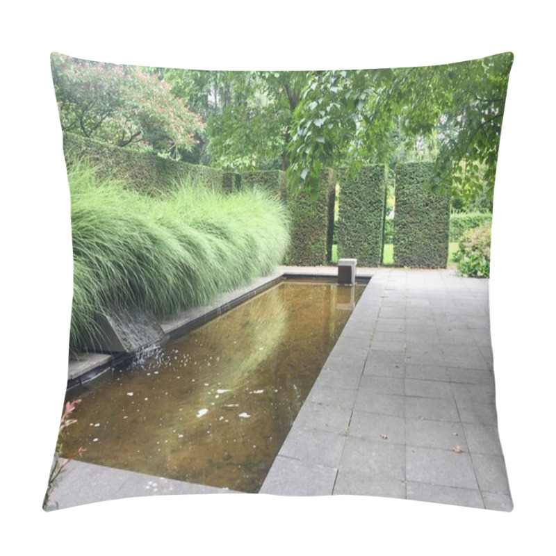 Personality  Pond And Grass In The Garden. The Mien Ruys Gardens, The Netherlands, August 4, 2019: Mien Ruys Is One Of The Most Important Garden Architects In The 20th Century. There Are Narrow Pond And Ornamental Grass, Clipped Bushes Of Taxus On The Picture Pillow Covers