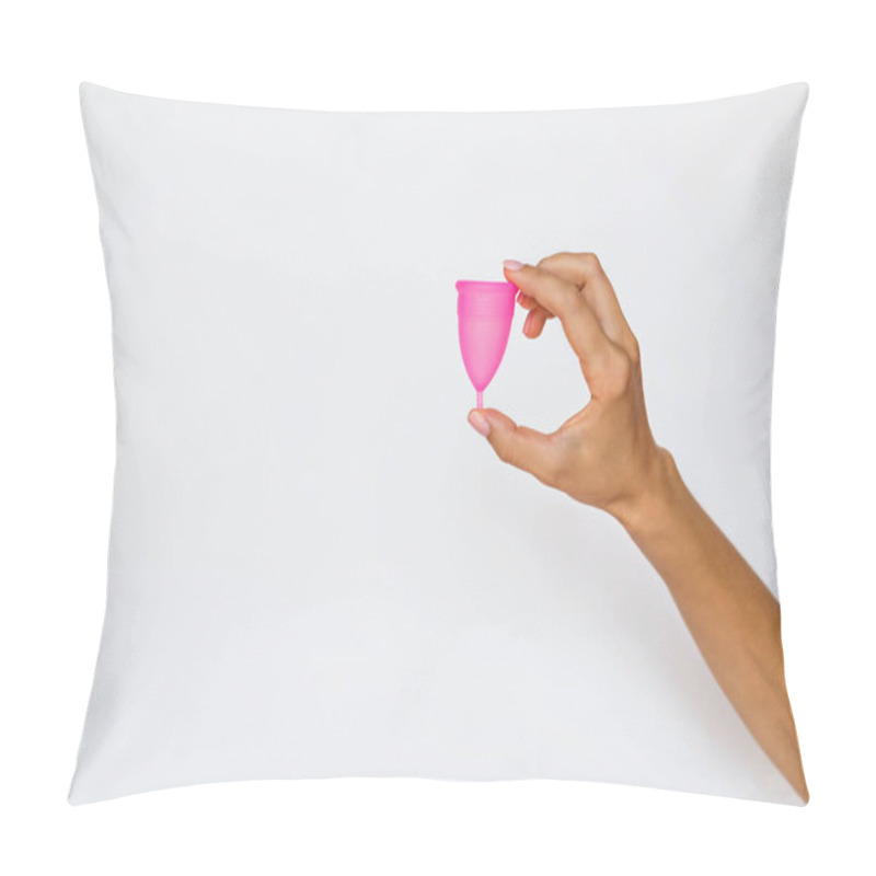 Personality  Woman Holding Menstrual Cup On White Background. Feminine Hygiene Alternative Product Instead Of Tampon During Period. Menstruation, Critical Days, Women Periods. Zero Waste, Eco, Ecology. Pillow Covers