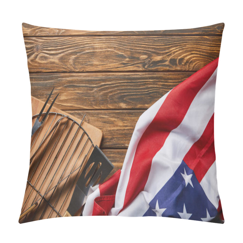 Personality  Top View Of American Flag Near Bbq Equipment On Wooden Rustic Table Pillow Covers