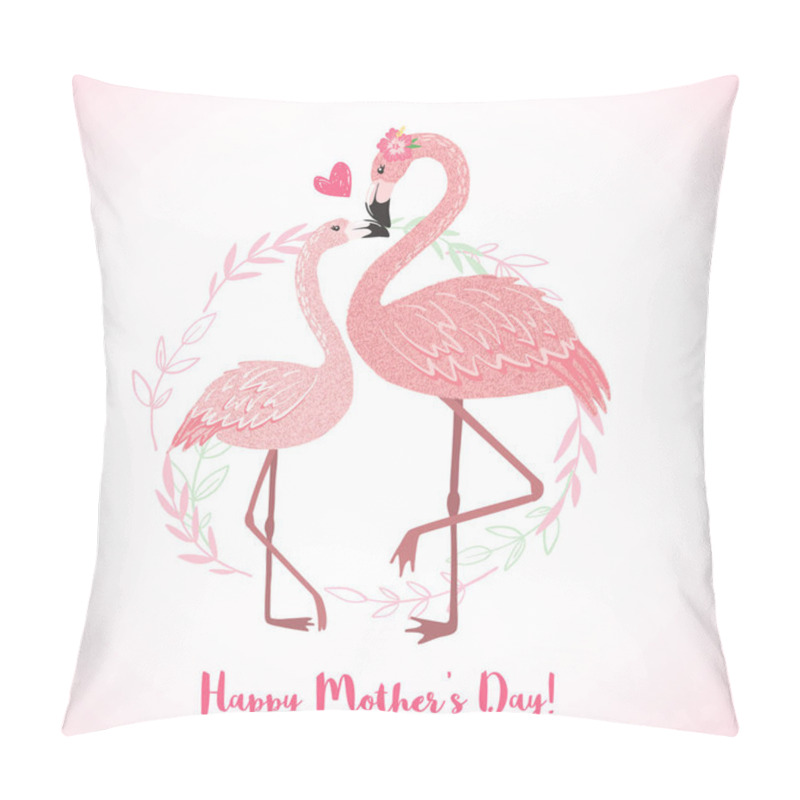 Personality  Cute Pink Flamingo Mom With Its Baby. Pillow Covers