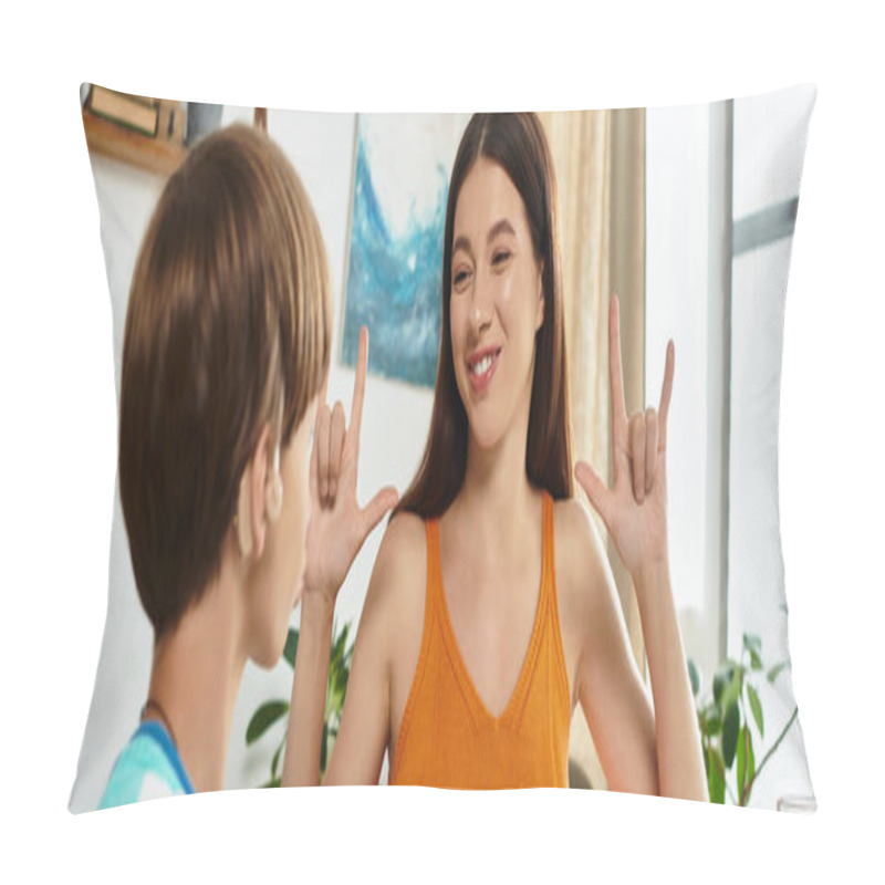 Personality  A Mother Engages Warmly With Her Hearing Impaired Son Using Sign Language At Home. Pillow Covers