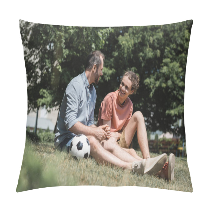 Personality  Happy Teenage Boy Sitting Near Soccer Ball With Father In Green Summer Park  Pillow Covers