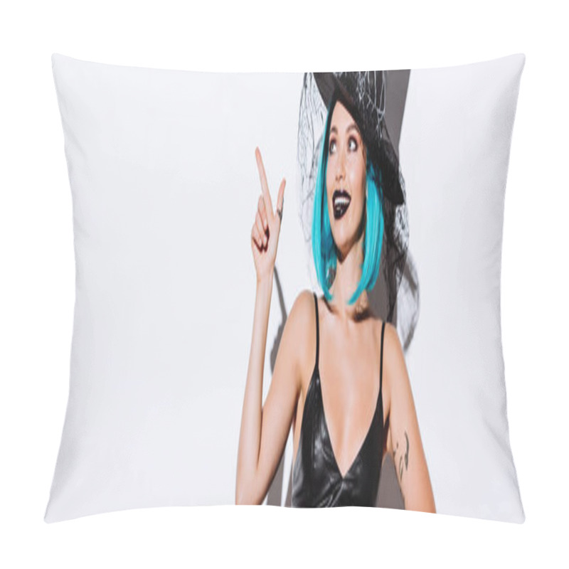 Personality  Panoramic Shot Of Smiling Girl In Black Witch Halloween Costume With Blue Hair Pointing With Finger On White Background Pillow Covers