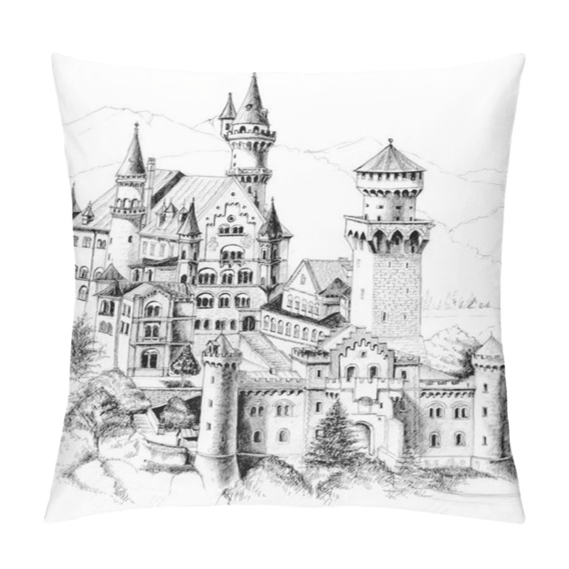 Personality  Neuschwanstein German Castle Freehand Drawn With Ballpoint Pen Pillow Covers