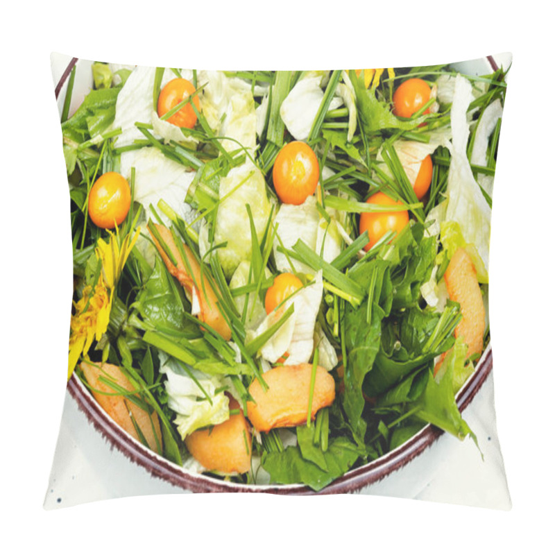 Personality  Spring Salad With Wild Herbs, Lettuce And Physalis. Green Cooking. Close Up. Pillow Covers