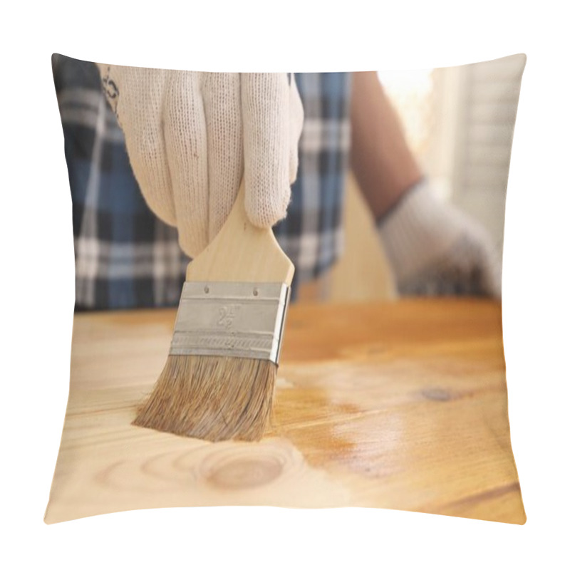 Personality  Man With Brush Applying Wood Stain Onto Wooden Surface Indoors, Closeup Pillow Covers