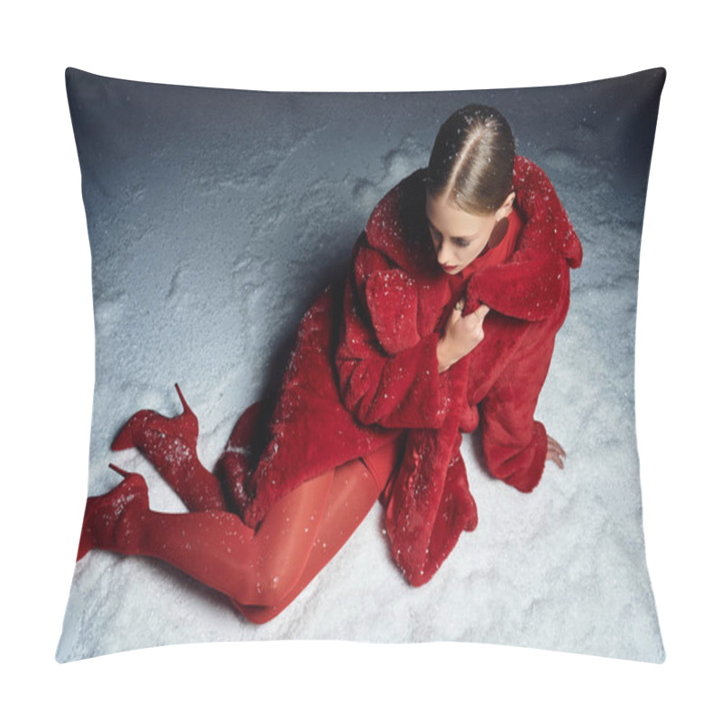 Personality  The Elegant Woman Sits In Soft Snow, Showcasing A Stunning Red Outfit That Contrasts With The White. Pillow Covers