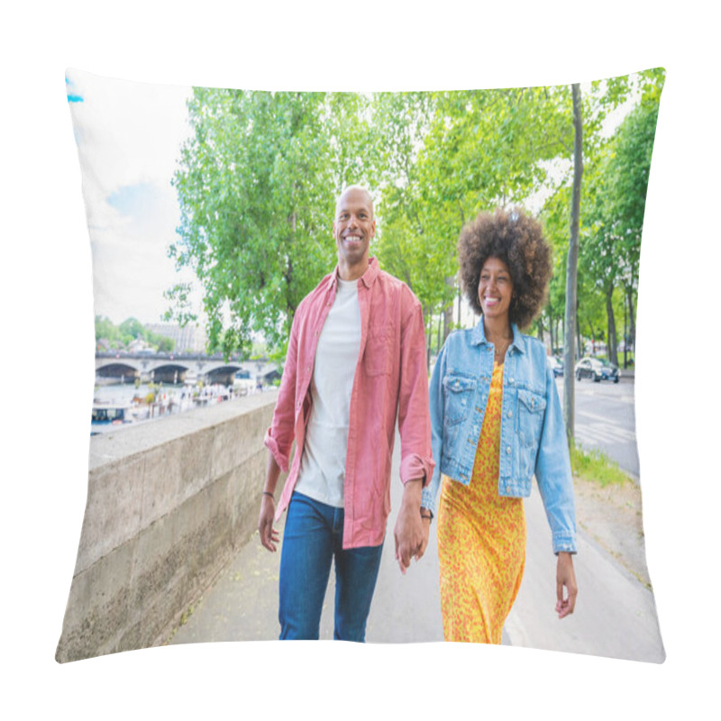 Personality  Black Cheerful Happy Couple In Love Visiting Paris City Centre And Eiffel Tower - African American Tourists Travelling In Europe And Dating Outdoors Pillow Covers