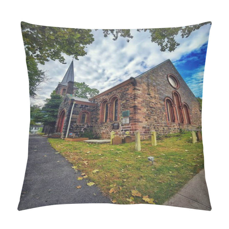 Personality   A Charming Historic Stone Church With Gothic Architecture, Surrounded By Lush Trees And A Peaceful Lawn. The Red Brick Contrasts Beautifully With The Green Foliage, Creating A Serene And Timeless Atmosphere. Pillow Covers