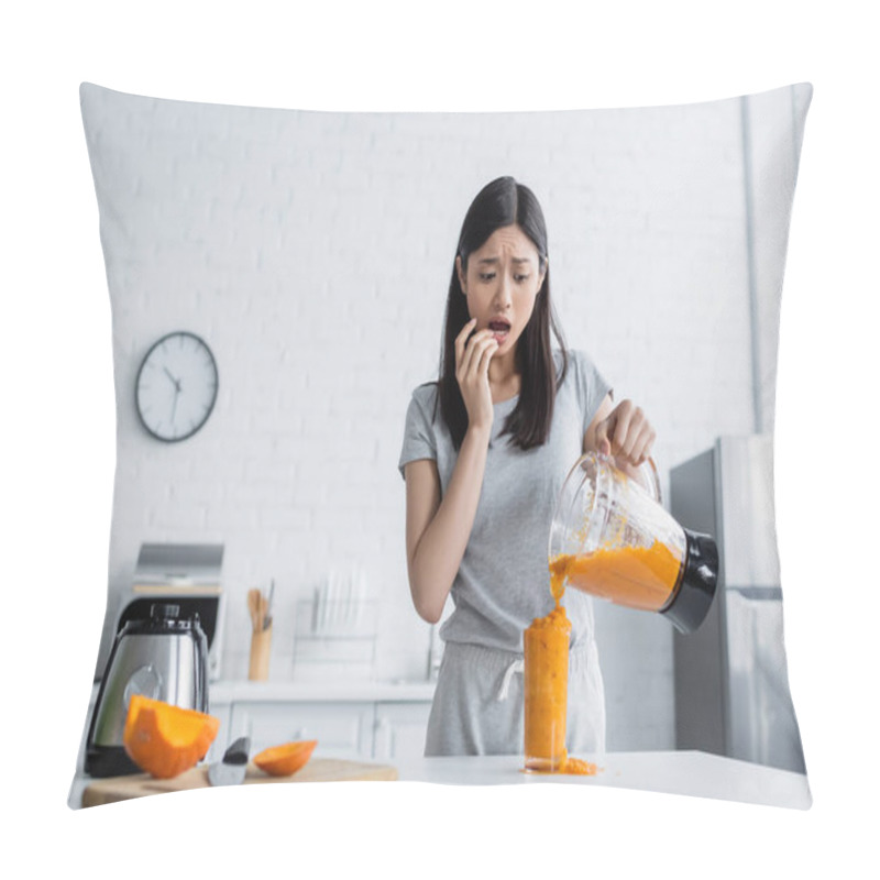 Personality  Worried Asian Woman Pouring Smoothie Into Overflowing Glass Near Cut Pumpkin On Chopping Board Pillow Covers