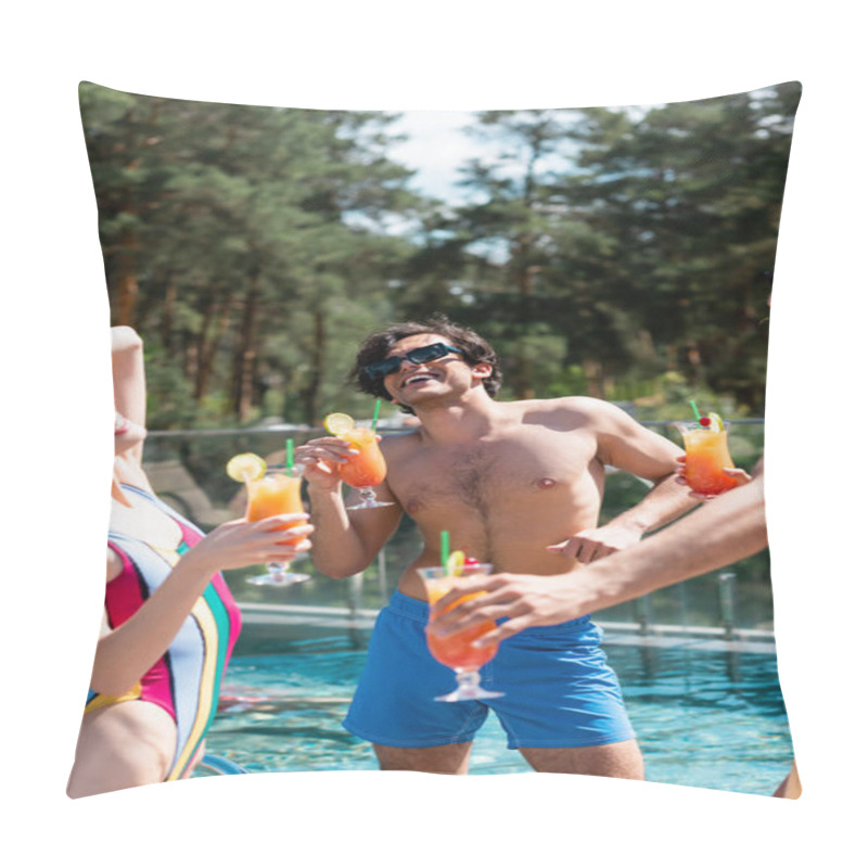 Personality  Happy Man With Cocktail Standing Near Multiethnic Friends And Swimming Pool During Weekend  Pillow Covers