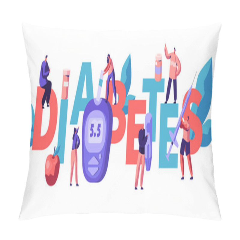 Personality  Diabetes Blood Sugar Level Test At Digital Glucometer Typography Poster. Doctor Measuring Glucose With Online Device At Blue Monitoring Equipment Advertising Banner Flat Cartoon Vector Illustration Pillow Covers